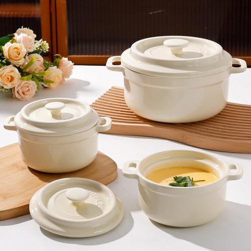 陶瓷碗带盖双耳蒸蛋碗2025新款家用隔水炖盅宝宝辅食碗甜品烤箱碗