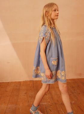 2025apo春夏新款女孩女童甜美欧美风蓝色亚麻重工绣花连衣裙