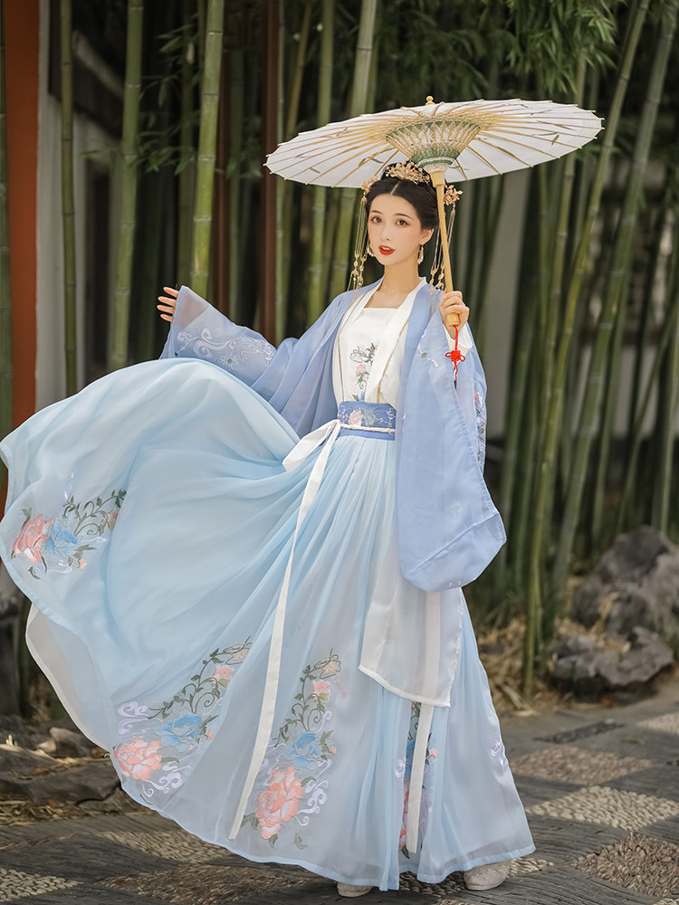 醉婵原创汉服女灵鹿刺绣齐腰整套襦裙日常可穿改良大袖衫非古装秋