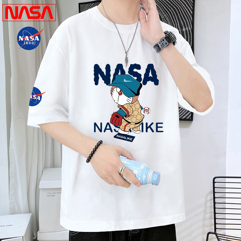 NASA联名短袖T恤男女夏季新款宽松100%纯棉袖哆啦A梦白色痞帅体恤