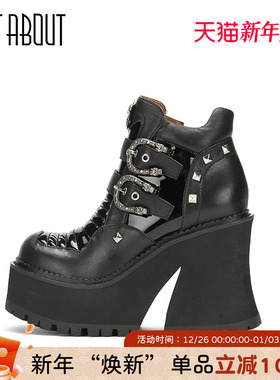 just about秋冬时尚金属扣黑色马丁靴粗跟侧拉链高跟短靴潮ins风