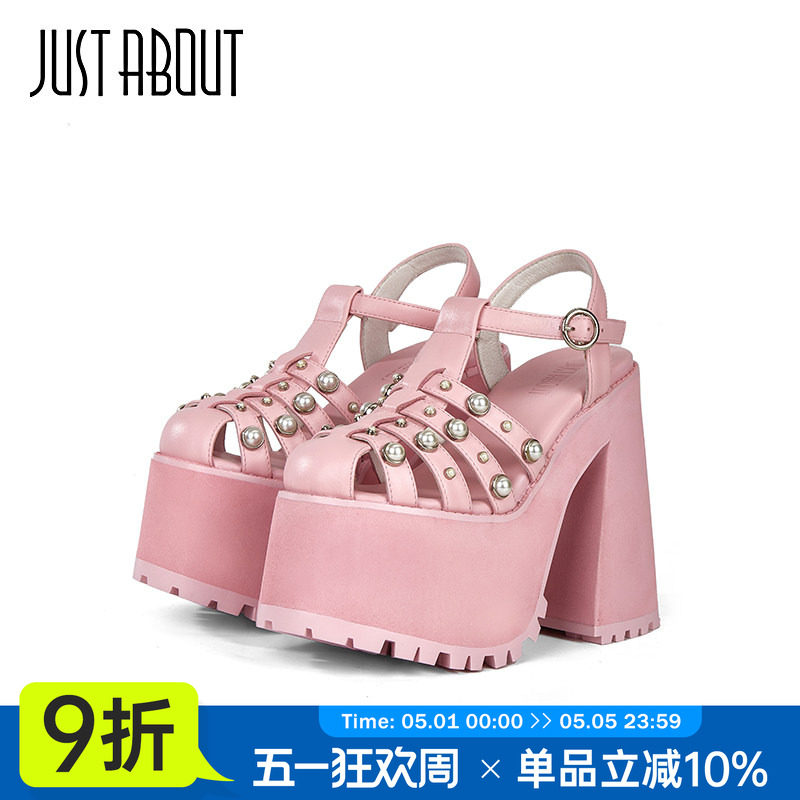 just about2024春夏新款粉色时尚百搭厚底罗马凉鞋粗跟高跟凉鞋女