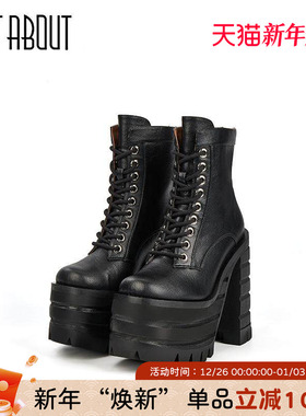 just about黑色马丁靴高帮鞋复古街头帅气系带厚底短靴女潮ins风