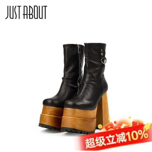 黑色木质厚底超高粗跟女短靴不累