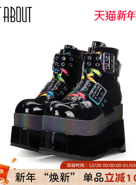 just about新款黑色炫彩镶边酷动机能风厚底增高踝靴双环短筒靴女