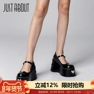 just about可爱玛丽珍鞋女2025新款厚底增高粗跟单鞋黑色小皮鞋
