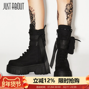 just about高帮鞋复古马丁靴街头帅气系带厚底短靴女黑色潮ins风