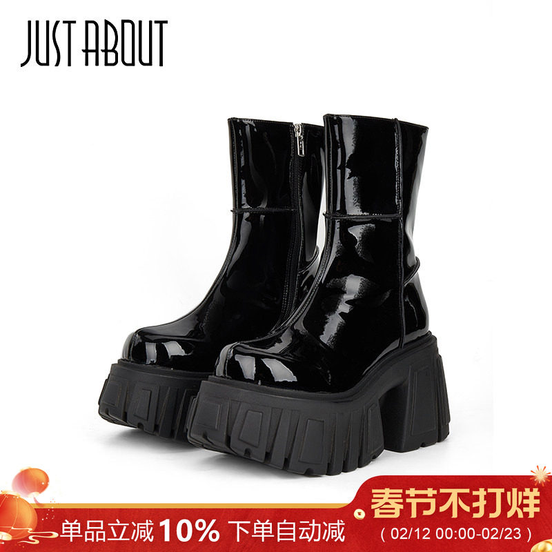 just about秋冬黑色马丁靴女通勤显瘦女靴小个子高跟靴粗跟不累脚