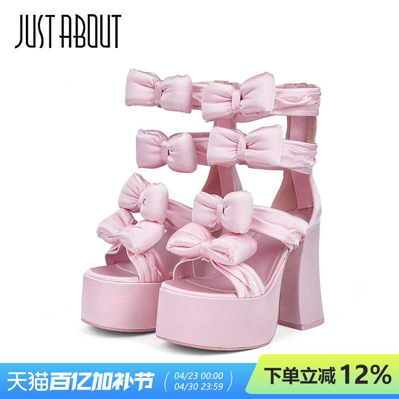 just about少女心粉色蝴蝶结时尚粗跟凉鞋高防水台走秀款高跟鞋