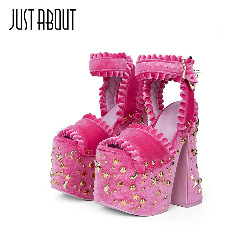 just about高防水甜美个性芭比风粉色粗跟凉鞋女百搭走秀高跟鞋