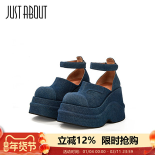 just about厚底高跟牛仔包头凉鞋女玛丽珍夏新复古辣妹松糕增高鞋