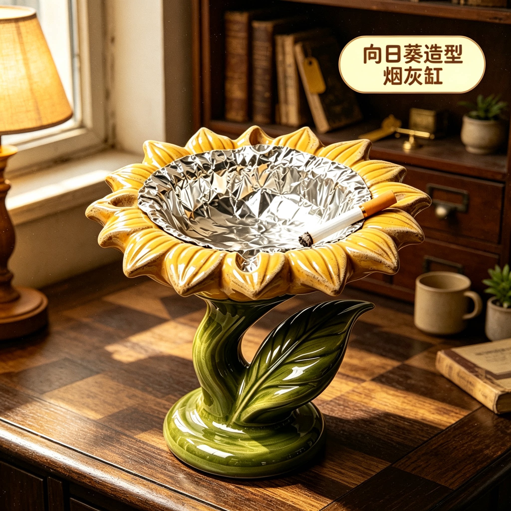 复古向日葵烟灰缸创意个性造型客厅茶几桌面摆件防风防飞灰烟缸盒