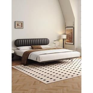 政府补贴床碳素钢超薄靠背床头中古风悬浮床黑色真皮床复古法式 床