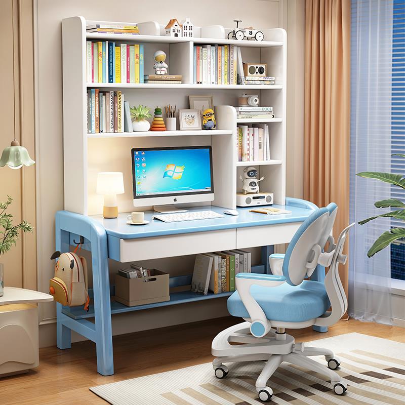 实木儿童学习桌书桌书架一体桌学生家用卧室可升降电脑桌书桌椅