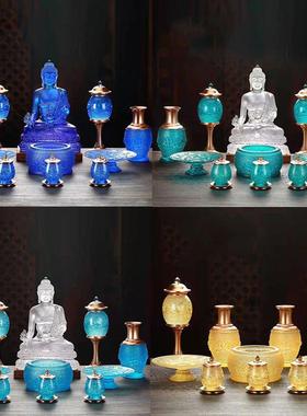 琉璃莲花佛具套装家用礼佛供具香炉果盘净水杯供灯花瓶莲花灯佛堂