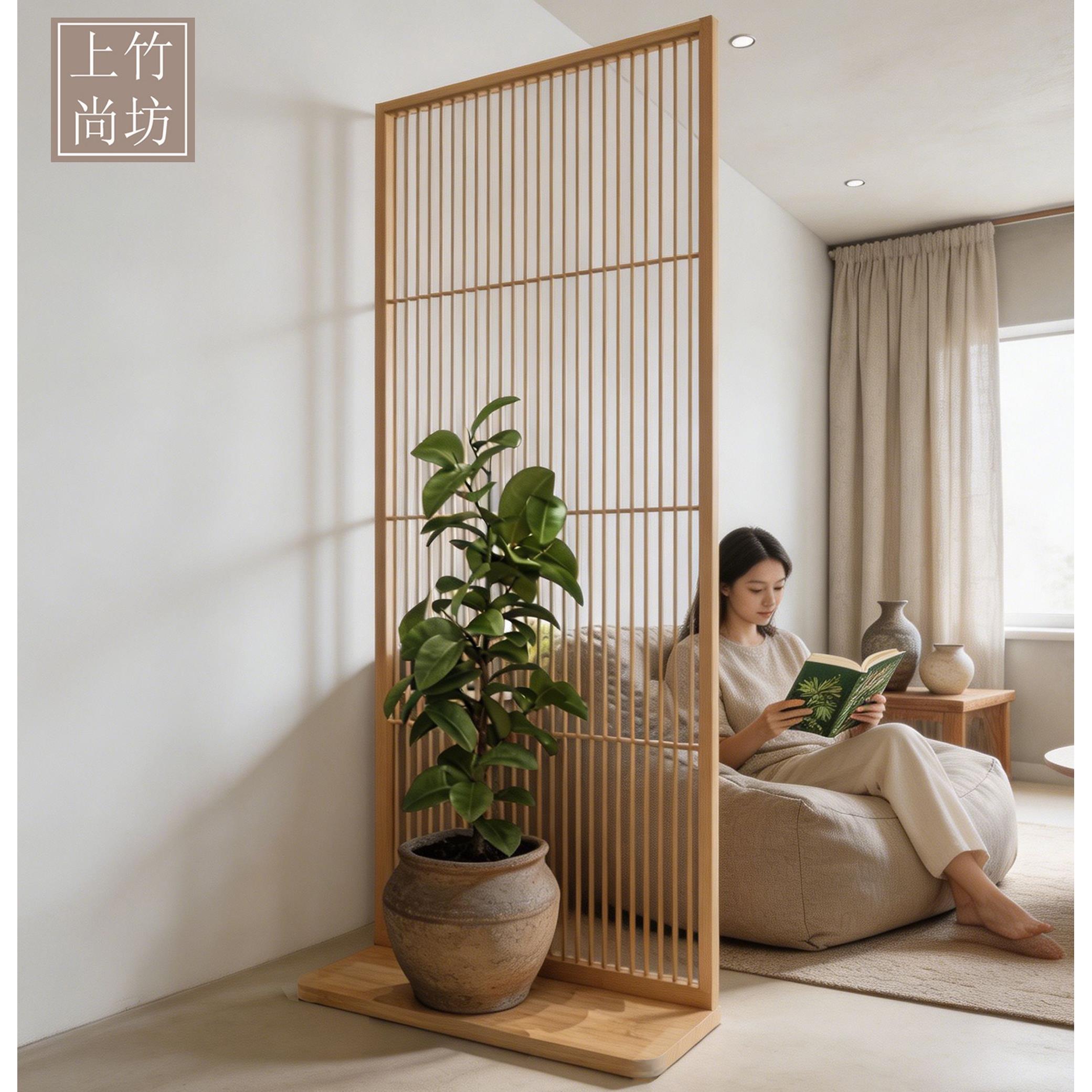 日式竹隔断免组屏风 北欧简约实木格栅 可移动玄关落地座屏