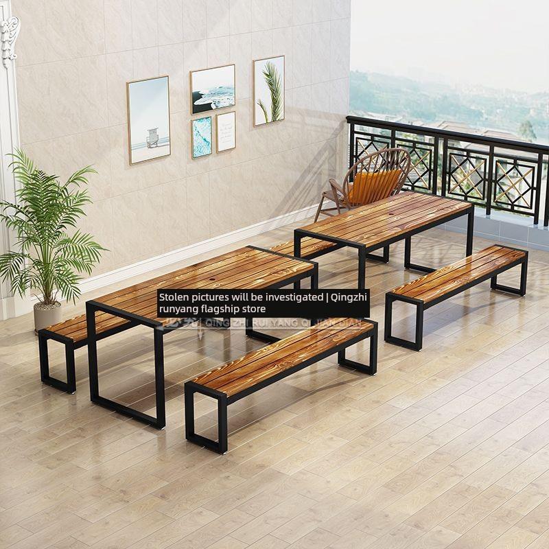 户外防腐木桌椅组合铁户外阳台露天庭院露台休闲实木烧烤餐桌