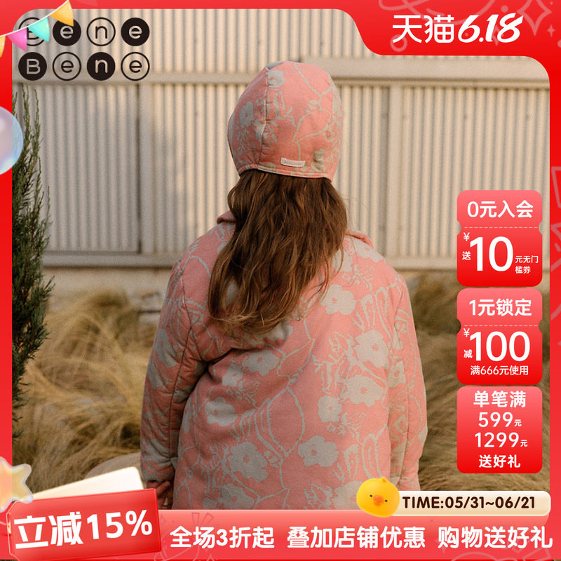 benebene灯芯绒夹棉翻领中长保暖外套冬季新印花设计师款儿童大衣