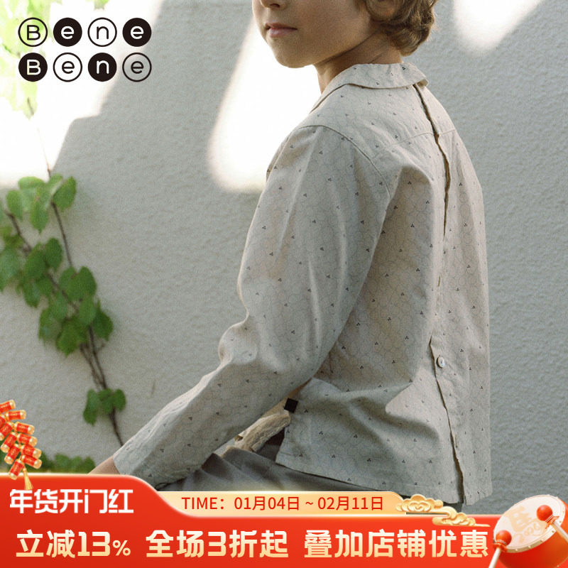 benebene娃娃领纯棉复古印花衬衫男女儿童长袖衬衣小众设计雪纺衫