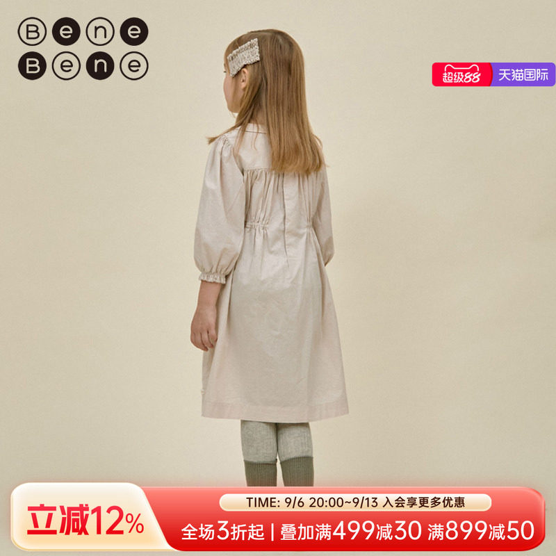 benebene纯棉长袖高腰连衣裙秋冬新款女童超仙小众衬衫长裙公主裙