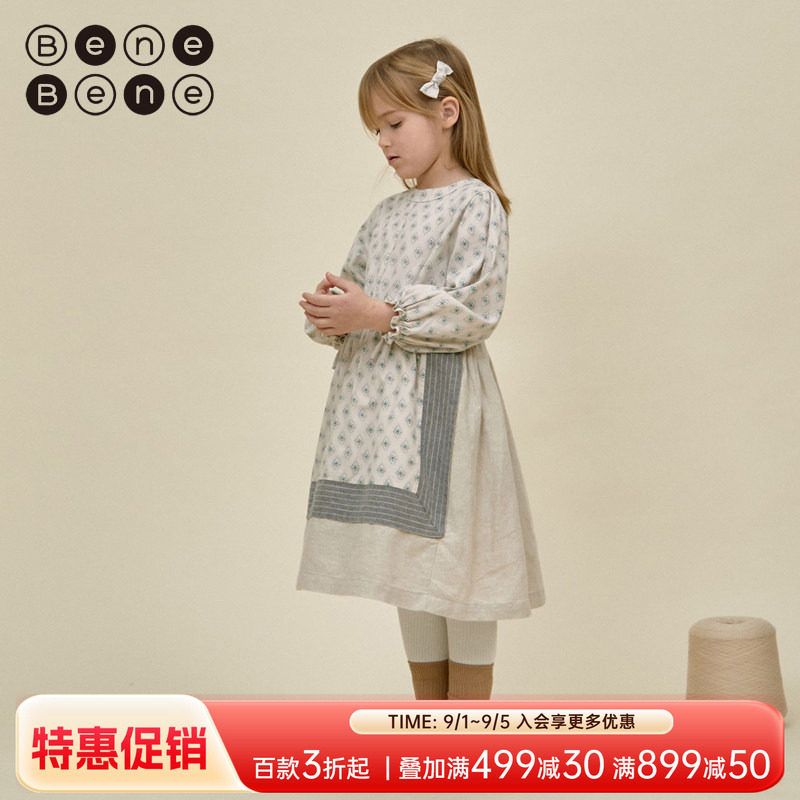 benebene女童设计感半身裙秋冬贴布围裙A字裙女孩英伦风及膝裙子