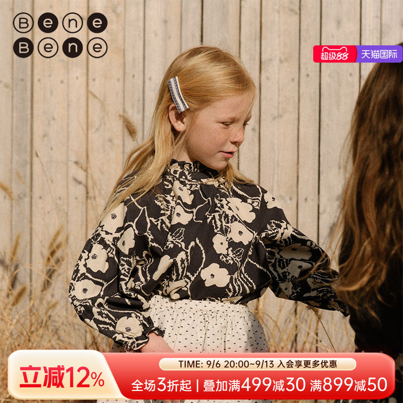 benebene纯棉灯芯绒印花衬衣秋冬女童长袖设计师款衬衫打底衫上衣