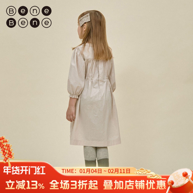 benebene纯棉长袖高腰连衣裙秋冬新款女童超仙小众衬衫长裙公主裙
