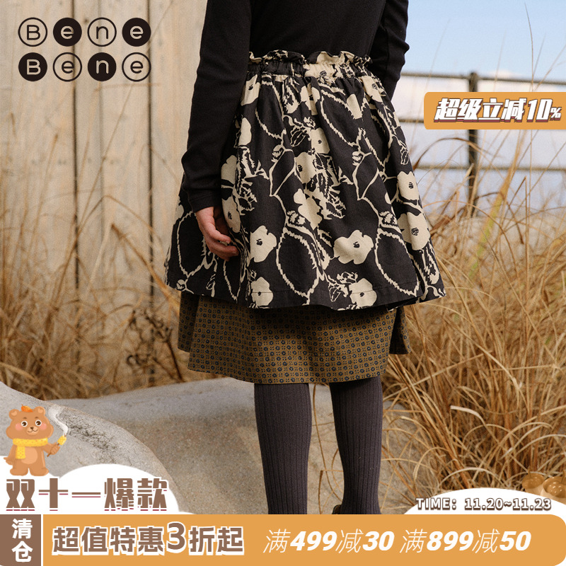 benebene灯芯绒A字版半身裙秋冬新款女童及膝裙婴儿女宝印花裙子