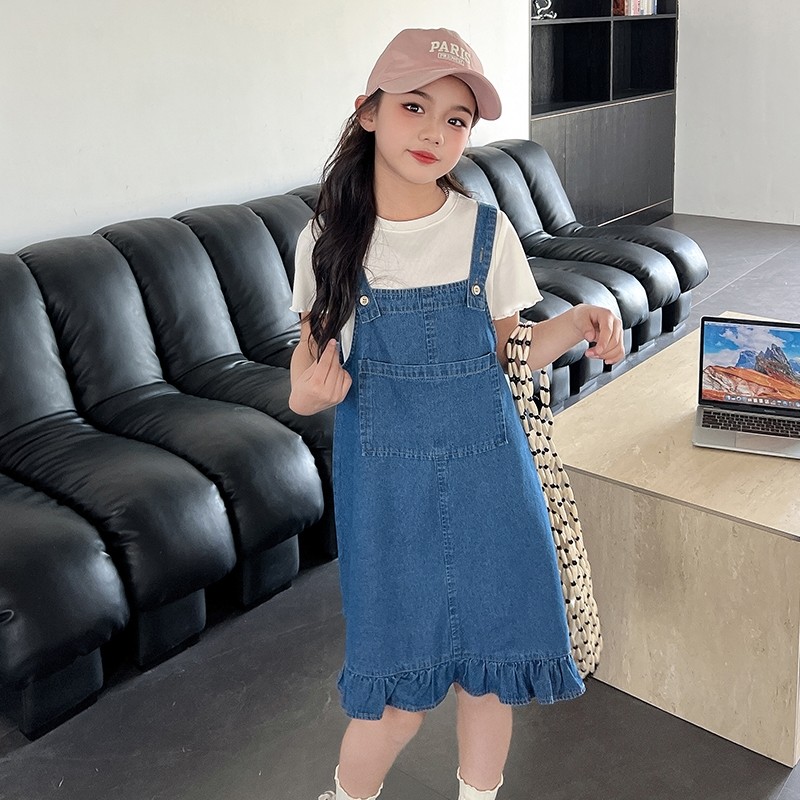 女童牛仔背带裙夏装套装2024新款韩版宽松女大童时髦连衣裙两件套