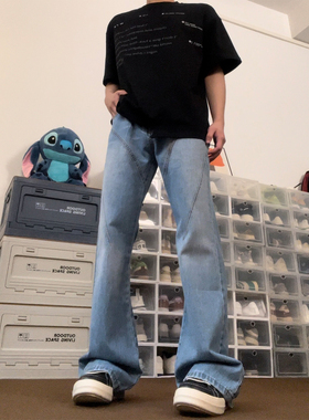 布老哥Blog 美式复古冰感蓝色牛仔裤百搭拼接解构设计直筒裤K640