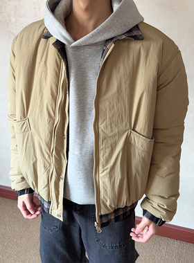 布老哥Blog美式复古双面穿格纹翻领棉服cleanfit短宽夹克棉衣W583