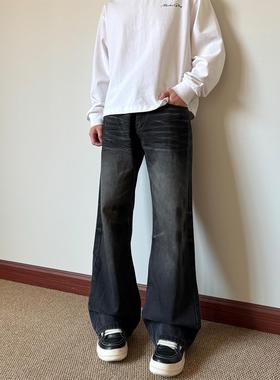 布老哥Blog美式复古褶皱毛絮牛仔裤水洗宽松小微喇直筒长裤潮K727