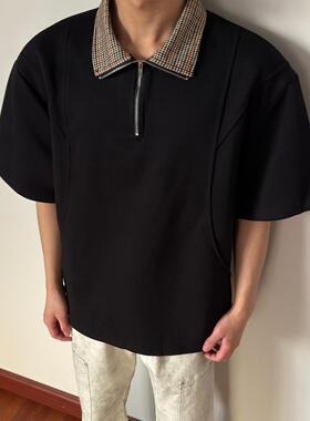 布老哥Blog重磅'锦棉罗马'半拉链polo衫短袖拼接千鸟格T恤夏D102