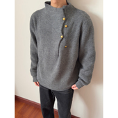布老哥Blog复古半高领不规则纽扣针织衫 老钱风cleanfit毛衣W376