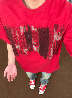 布老哥Blog 美式设计感格子破洞短袖t恤夏季高级感半袖上衣潮D375