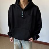 绿松石 纽扣连帽卫衣 加绒可选 布老哥Blog美式 短宽显高帽衫 W551