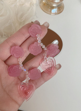 S925银针简约磨砂粉白玫瑰花耳钉