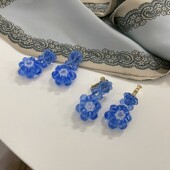 S925银针耳钉冰蓝薄荷耳夹串珠水晶立体花朵耳环拼色冷淡耳饰327