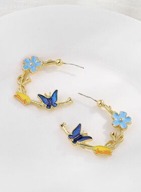 H42新款925银针耳钉蝴蝶枝头女蓝色花朵简约个性时尚耳环耳饰234X