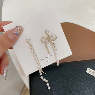 耳饰258 流苏个性 新款 不对称蝴蝶结S925银针耳环女珍珠耳钉时尚