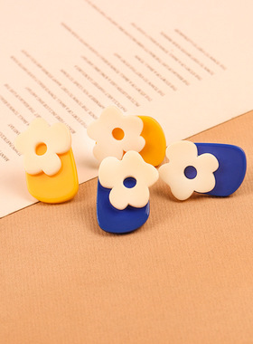 S925银针韩版不规则少女趣味花朵耳钉时尚可爱撞色耳环耳饰女700