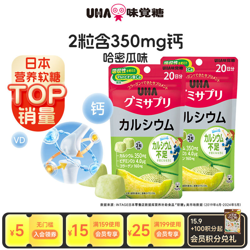 悠哈味覚糖进口UHA补钙VD钙营养软糖哈密瓜味40粒20日量*2青少年
