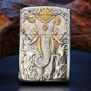 二代902s白铜镶嵌浮雕六牙象个性 复古创意砂轮佐罗煤油打火机防风