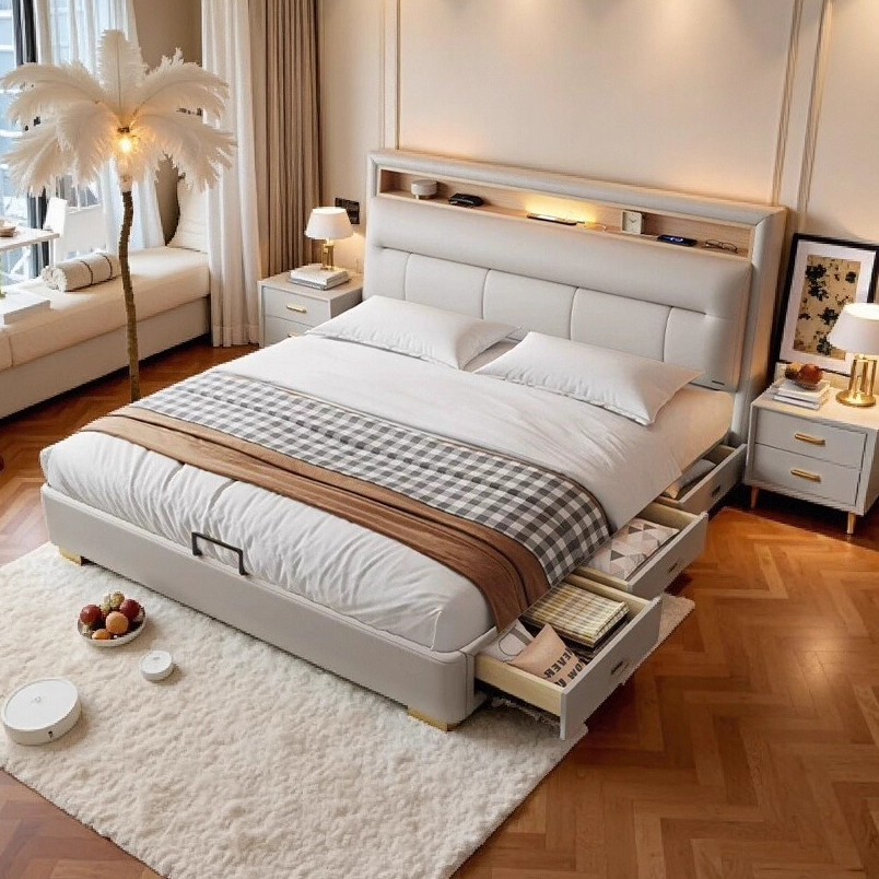 奶油风真皮床多功能储物床现代简约小户型1米8双人主卧软包床婚床