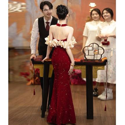 敬酒服新娘2025新款红色鱼尾订婚结婚礼服高端轻奢女高级感晚礼服