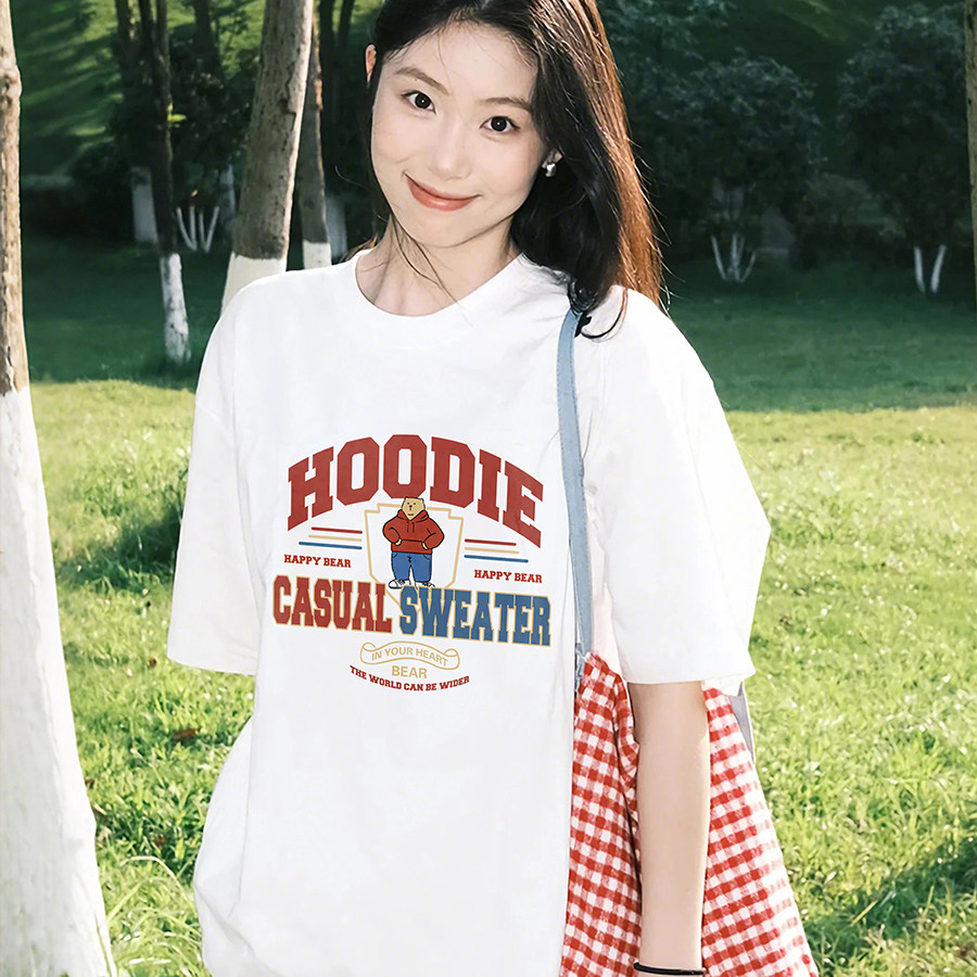 美式复古小熊白色T恤女夏季校园风纯棉宽松显瘦短袖学生党上衣,女装/女士精品,T恤,淘宝优惠券,粉丝福利购,淘宝优惠卷