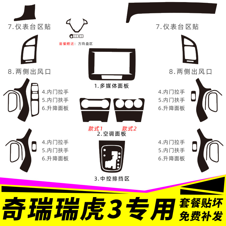 适用于14-15年奇瑞瑞虎3内饰改装碳纤维贴纸中控排档装饰改色贴膜