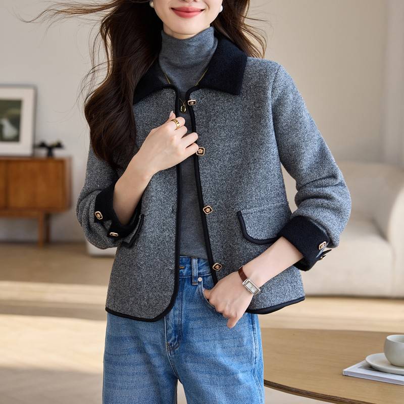 女式外套2024新款春秋季小个子短款翻领时尚洋气爆香风灰色上衣冬