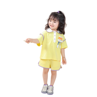 女童纯色翻领短袖运动短裤套装夏季2026新款儿童洋气女宝宝两件套