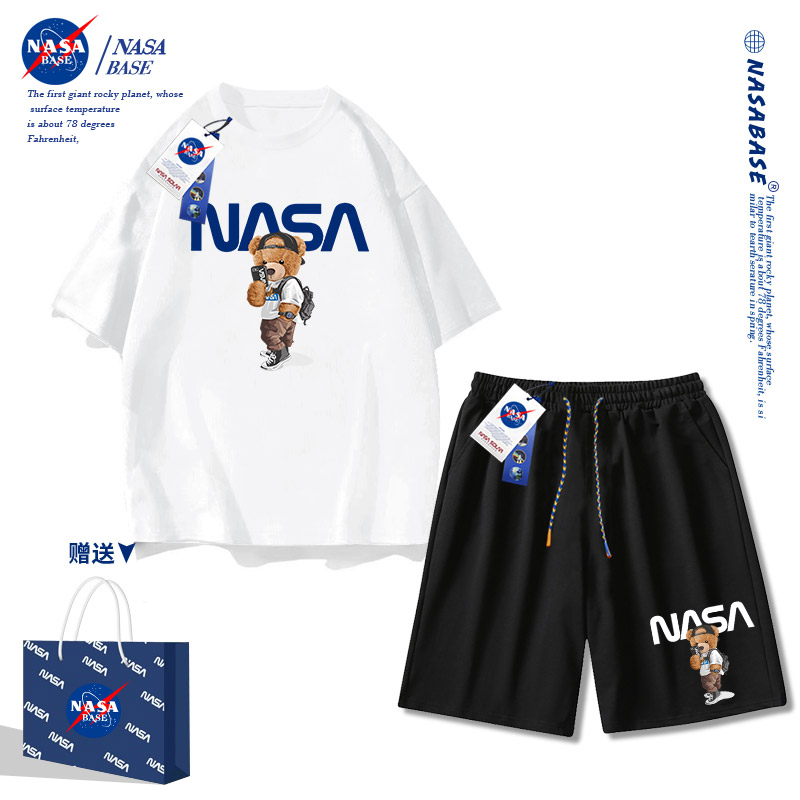 NASA联名2024新款潮牌短袖短裤套装纯棉半袖T恤男女生情侣装衣服